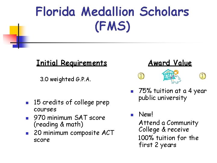 Florida Medallion Scholars (FMS) Initial Requirements Award Value 3. 0 weighted G. P. A.