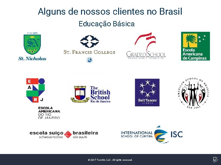 Alguns de nossos clientes no Brasil Educação Básica © 2017 Turnitin, LLC. All rights