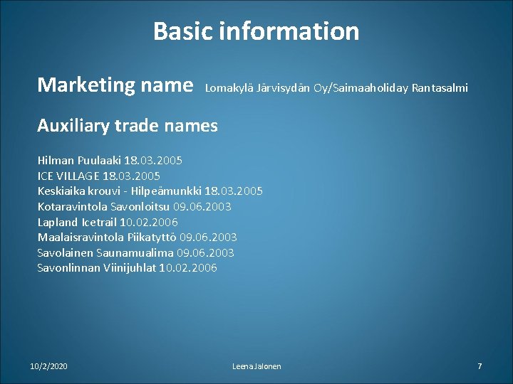 Basic information Marketing name Lomakylä Järvisydän Oy/Saimaaholiday Rantasalmi Auxiliary trade names Hilman Puulaaki 18.