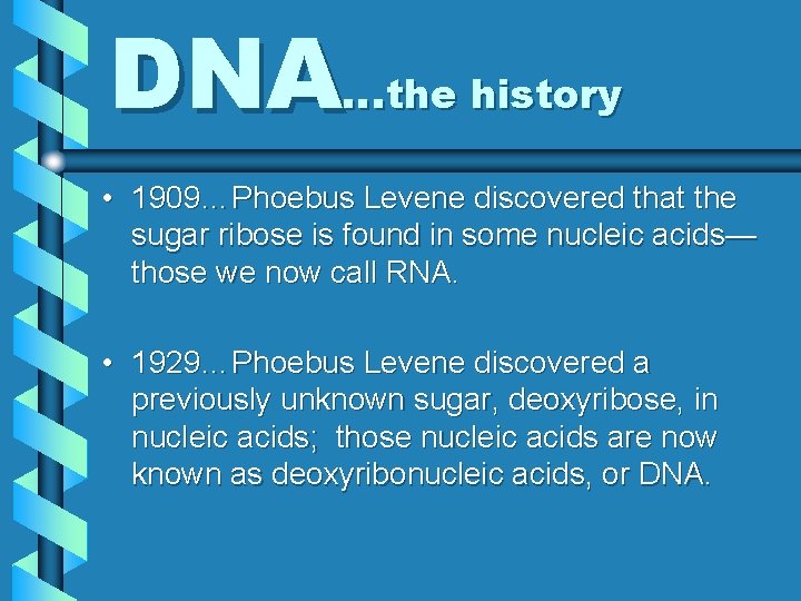 DNA…the history • 1909…Phoebus Levene discovered that the sugar ribose is found in some