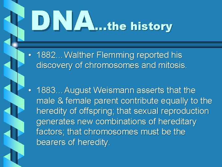 DNA…the history • 1882…Walther Flemming reported his discovery of chromosomes and mitosis. • 1883…August