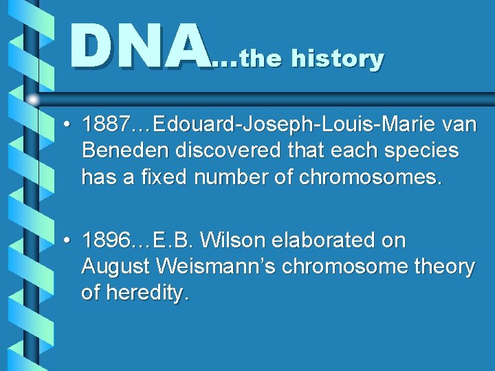 DNA…the history • 1887…Edouard-Joseph-Louis-Marie van Beneden discovered that each species has a fixed number