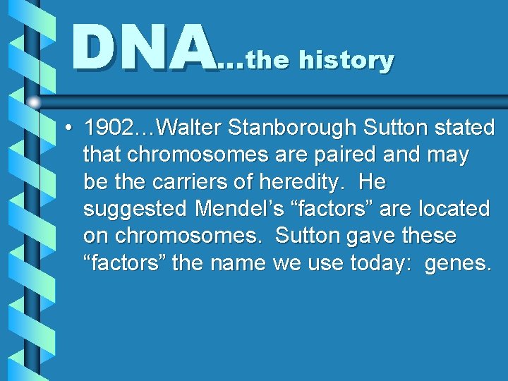 DNA…the history • 1902…Walter Stanborough Sutton stated that chromosomes are paired and may be