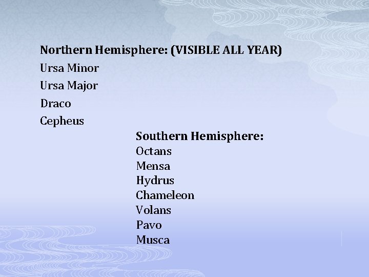 Northern Hemisphere: (VISIBLE ALL YEAR) Ursa Minor Ursa Major Draco Cepheus Southern Hemisphere: Octans