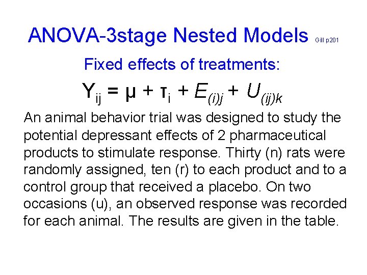 ANOVA-3 stage Nested Models Gill p 201 Fixed effects of treatments: Yij = μ