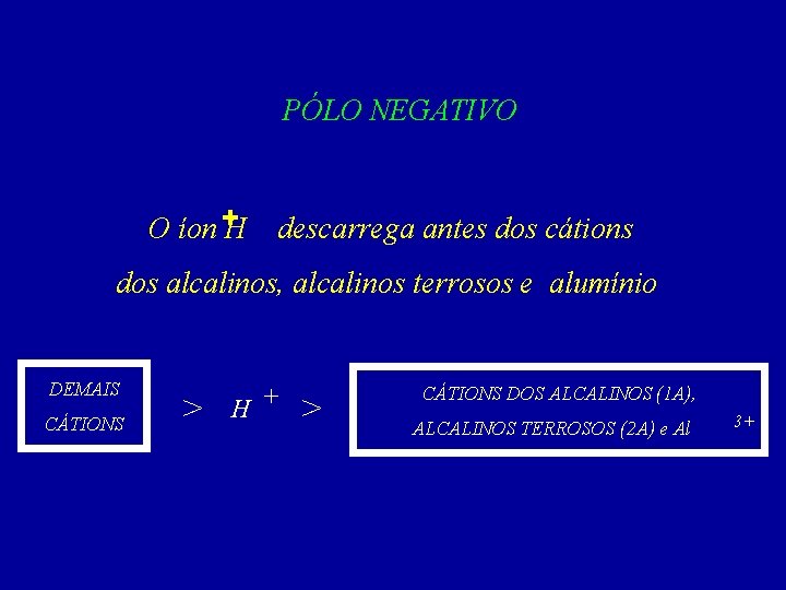 PÓLO NEGATIVO O íon +H descarrega antes dos cátions dos alcalinos, alcalinos terrosos e