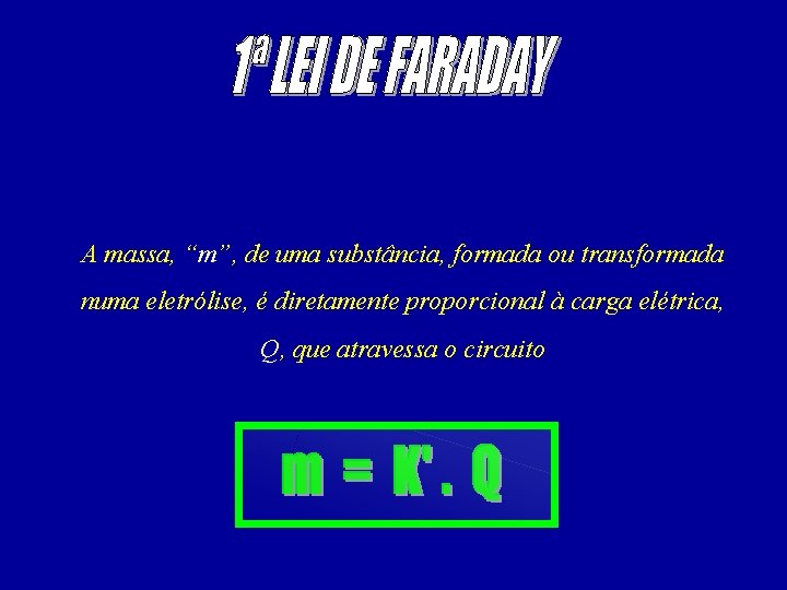 A massa, “m”, de uma substância, formada ou transformada numa eletrólise, é diretamente proporcional