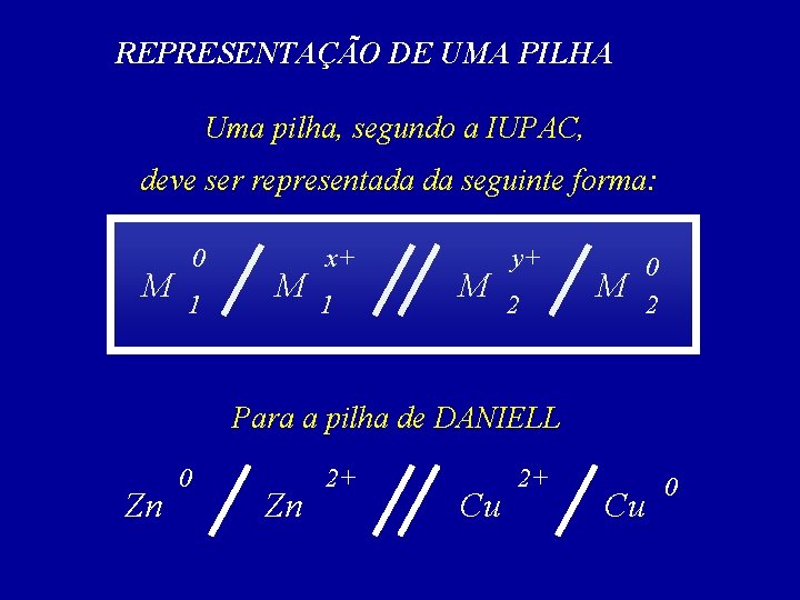 REPRESENTAÇÃO DE UMA PILHA Uma pilha, segundo a IUPAC, deve ser representada da seguinte