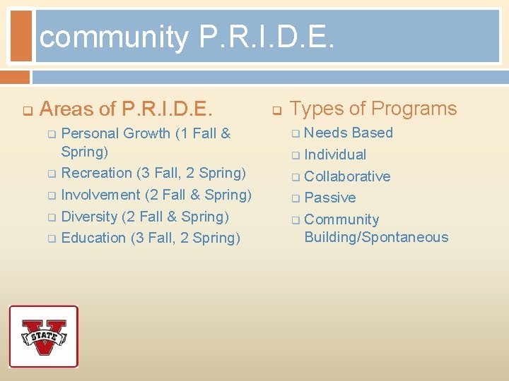 community P. R. I. D. E. q Areas of P. R. I. D. E.