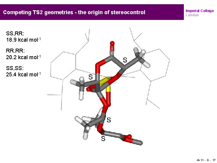 Competing TS 2 geometries - the origin of stereocontrol Imperial College London SS, RR: