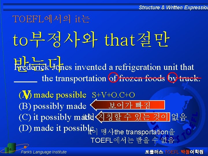 Structure & Written Expression TOEFL에서의 it는 to부정사와 that절만 Frederick Jones invented a refrigeration unit