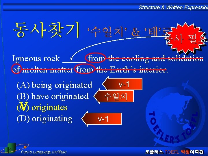 Structure & Written Expression 동사찾기 ‘수일치’ & ‘태’로 해결 동사 필요 Igneous rock from