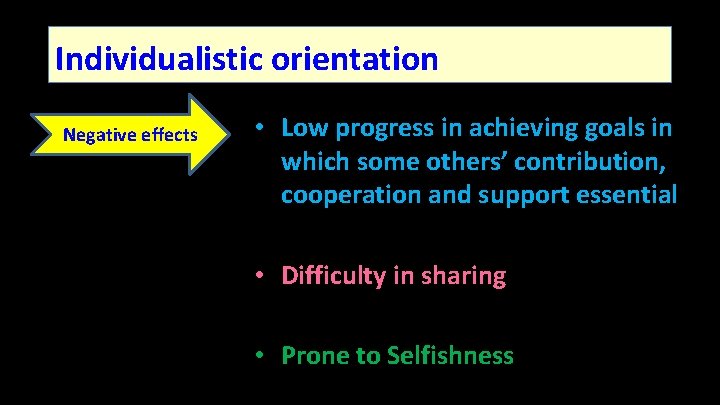 Individualistic orientation Negative effects • Low progress in achieving goals in which some others’