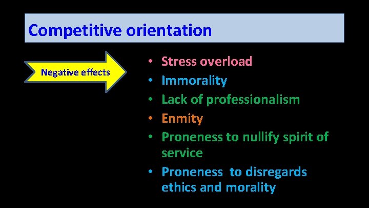 Competitive orientation Negative effects Stress overload Immorality Lack of professionalism Enmity Proneness to nullify