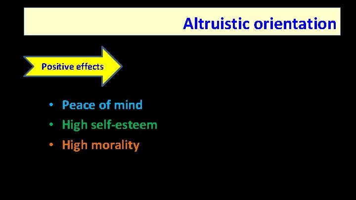 Altruistic orientation Positive effects • Peace of mind • High self-esteem • High morality