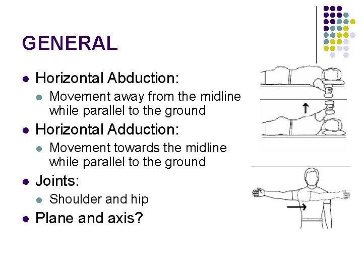 GENERAL l Horizontal Abduction: l l Horizontal Adduction: l l Movement towards the midline