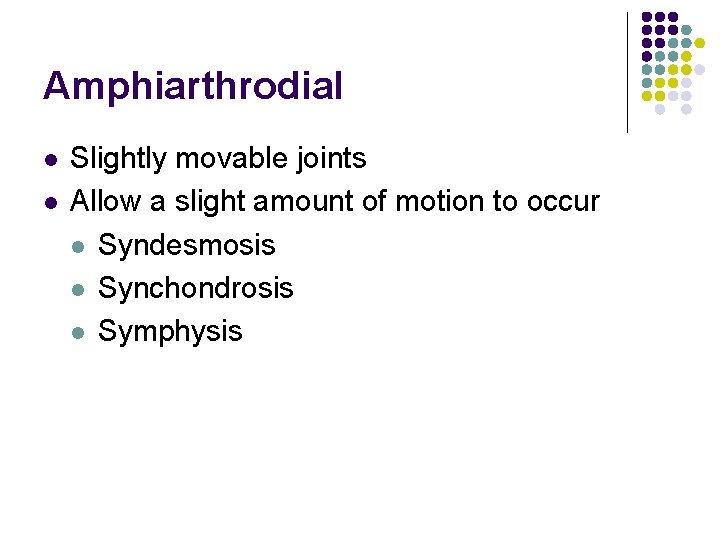 Amphiarthrodial l l Slightly movable joints Allow a slight amount of motion to occur