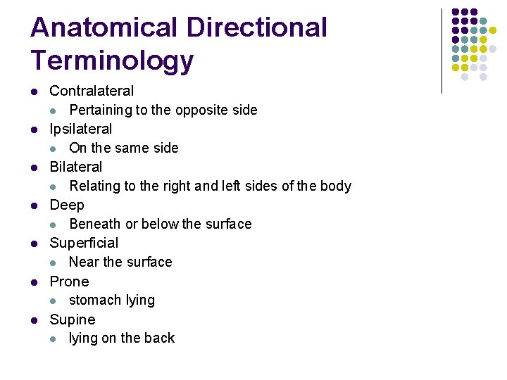 Anatomical Directional Terminology l l l l Contralateral l Pertaining to the opposite side