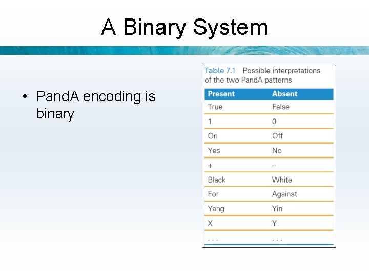 A Binary System • Pand. A encoding is binary 