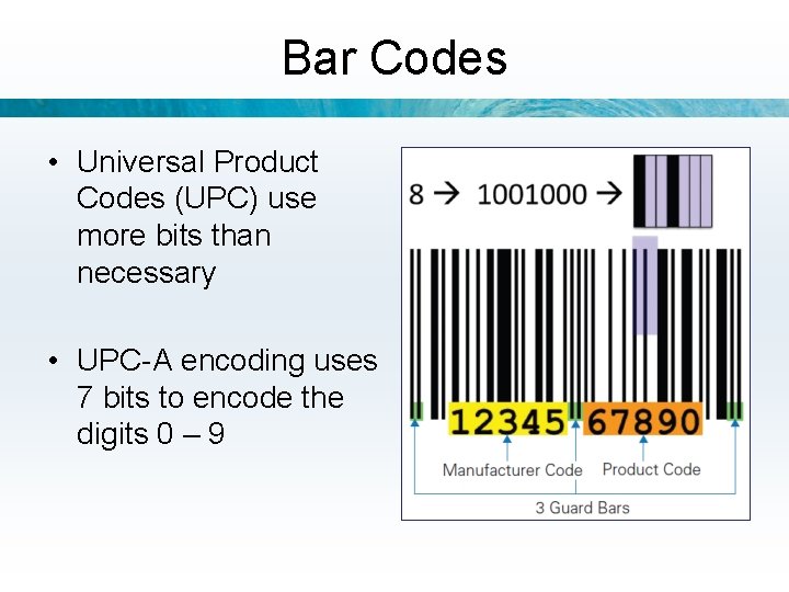 Bar Codes • Universal Product Codes (UPC) use more bits than necessary • UPC-A