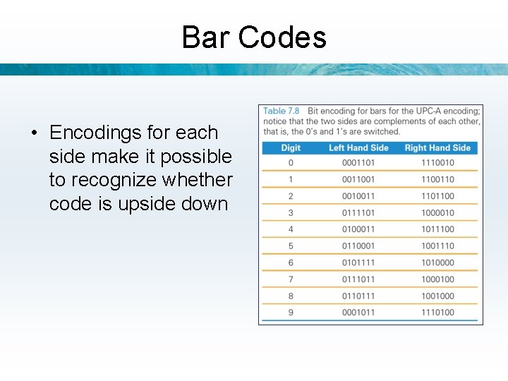 Bar Codes • Encodings for each side make it possible to recognize whether code