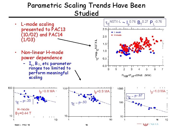 Parametric Scaling Trends Have Been Studied t. ENSTX-L ~ Ip 0. 76 BT 0.