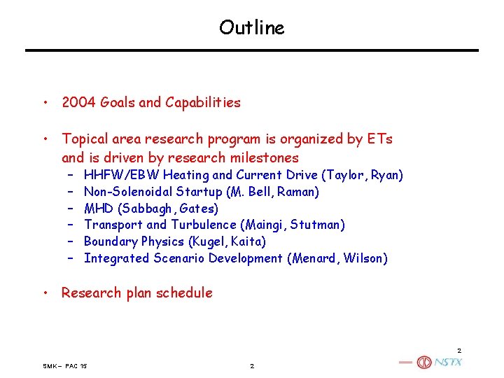 Outline • 2004 Goals and Capabilities • Topical area research program is organized by
