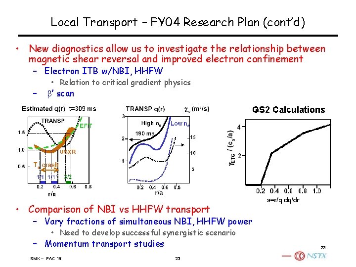 Local Transport – FY 04 Research Plan (cont’d) • New diagnostics allow us to
