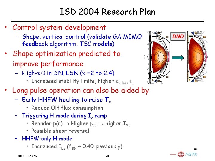 ISD 2004 Research Plan • Control system development – Shape, vertical control (validate GA