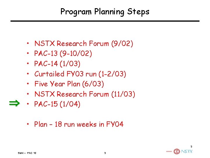Program Planning Steps • • NSTX Research Forum (9/02) PAC-13 (9 -10/02) PAC-14 (1/03)