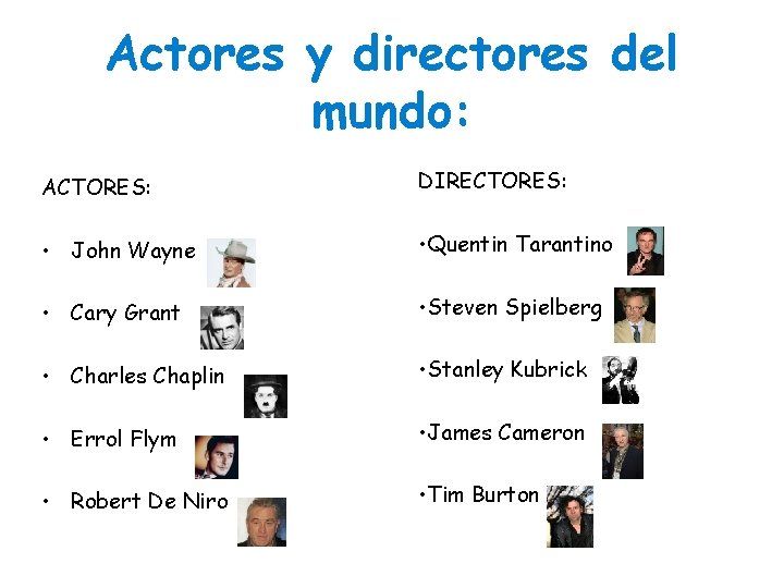 Actores y directores del mundo: ACTORES: DIRECTORES: • John Wayne • Quentin Tarantino •