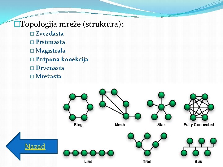 �Topologija mreže (struktura): � Zvezdasta � Prstenasta � Magistrala � Potpuna konekcija � Drvenasta