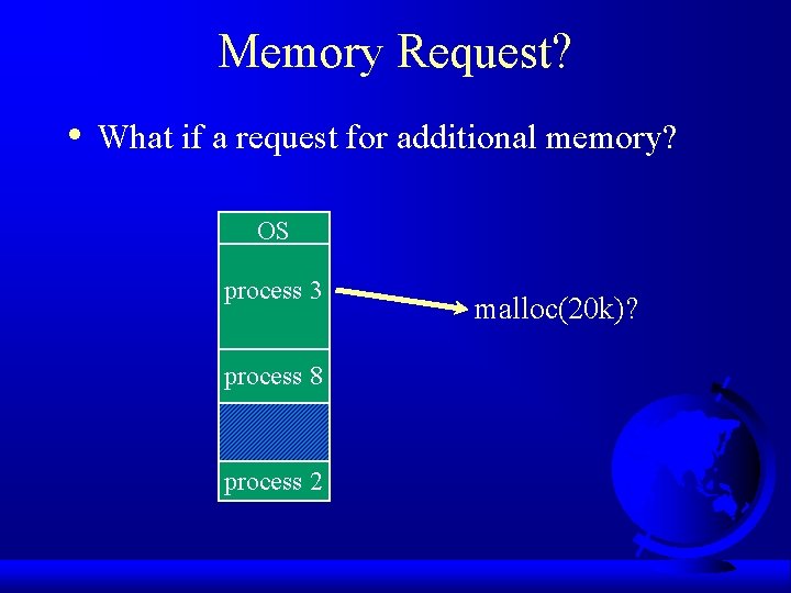 Memory Request? • What if a request for additional memory? OS process 3 process
