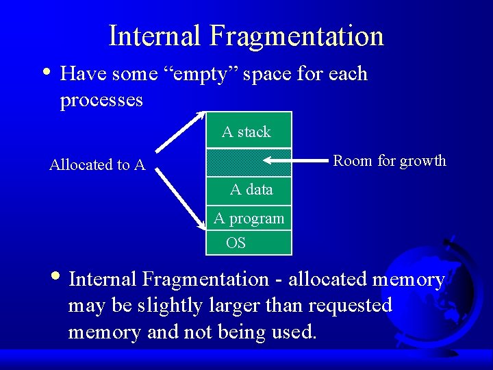 Internal Fragmentation • Have some “empty” space for each processes A stack Room for