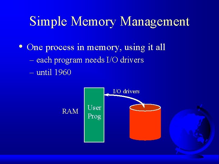 Simple Memory Management • One process in memory, using it all – each program