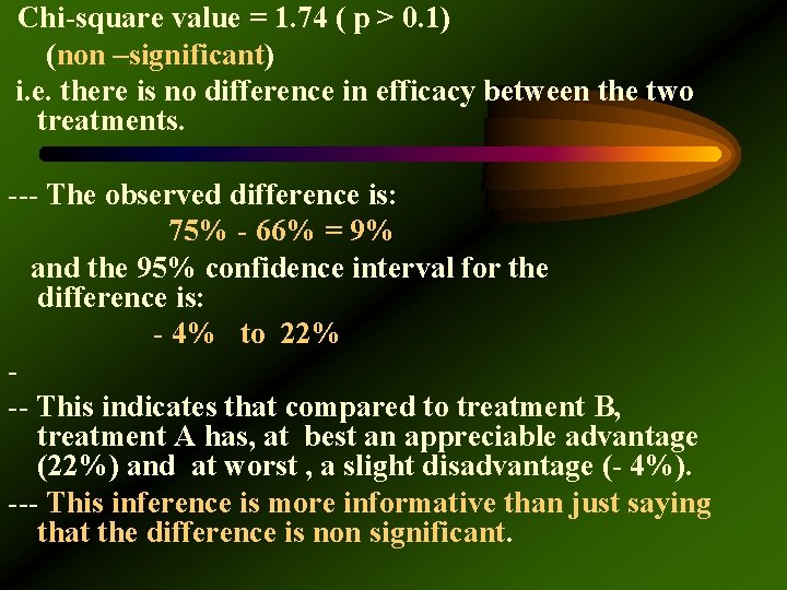 Chi-square value = 1. 74 ( p > 0. 1) (non –significant) i. e.