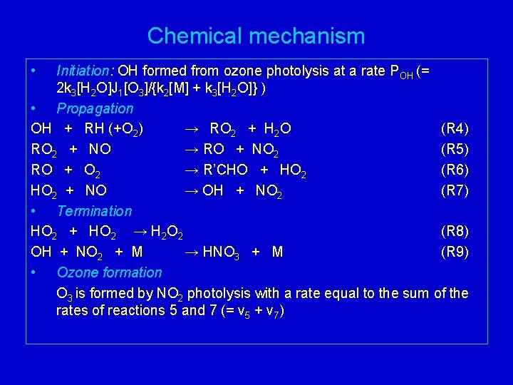 Chemical mechanism • Initiation: OH formed from ozone photolysis at a rate POH (=