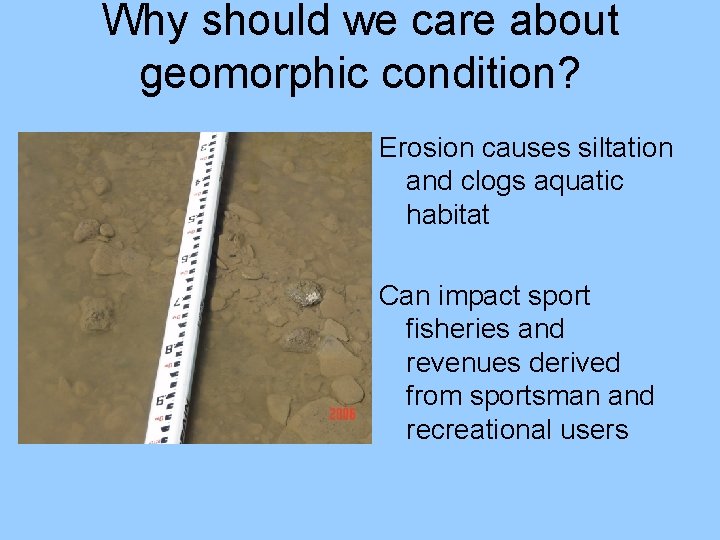 Why should we care about geomorphic condition? Erosion causes siltation and clogs aquatic habitat