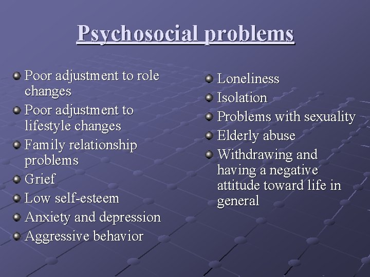 Psychosocial problems Poor adjustment to role changes Poor adjustment to lifestyle changes Family relationship Psychosocial problems Poor adjustment to role changes Poor adjustment to lifestyle changes Family relationship