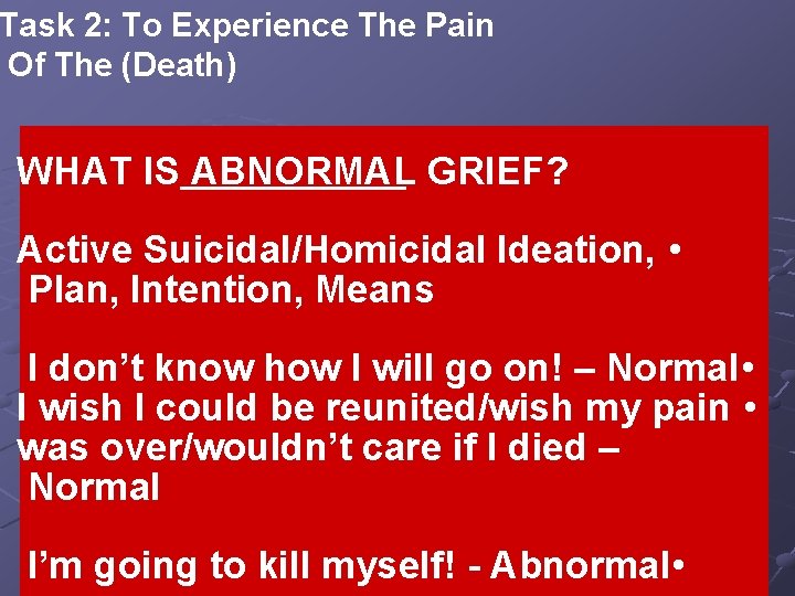 Task 2: To Experience The Pain Of The (Death) WHAT IS ABNORMAL GRIEF? Active Task 2: To Experience The Pain Of The (Death) WHAT IS ABNORMAL GRIEF? Active