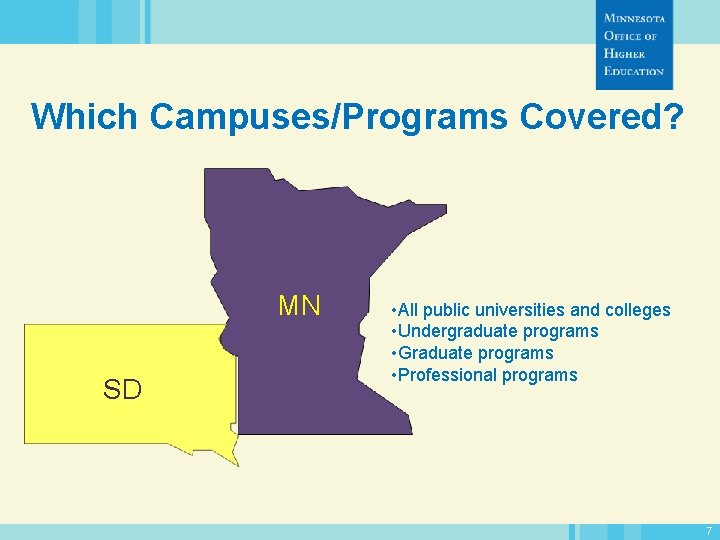 Which Campuses/Programs Covered? MN SD • All public universities and colleges • Undergraduate programs