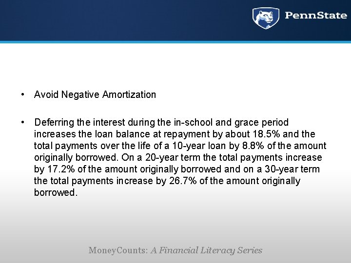  • Avoid Negative Amortization • Deferring the interest during the in-school and grace