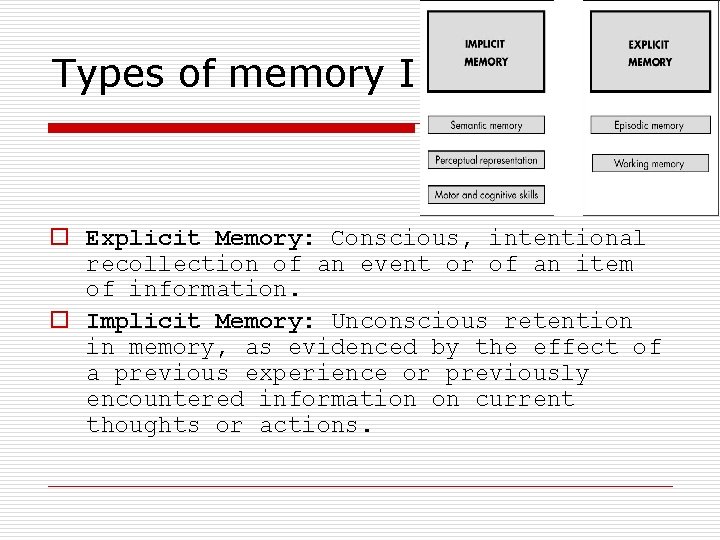 Types of memory I o Explicit Memory: Conscious, intentional recollection of an event or