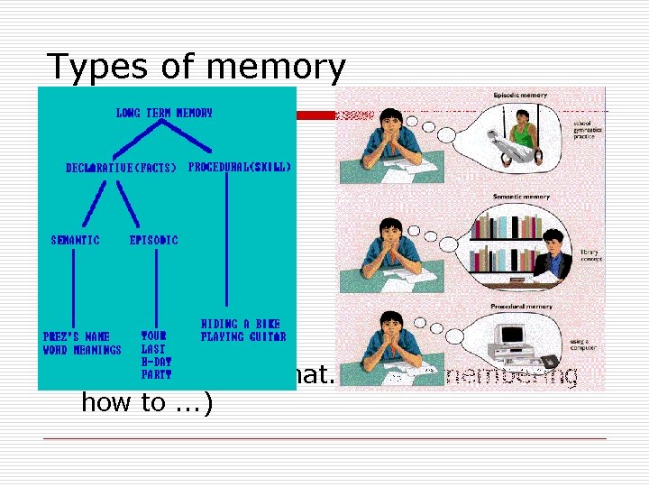 Types of memory o (Remembering that. . vs remembering how to. . . )