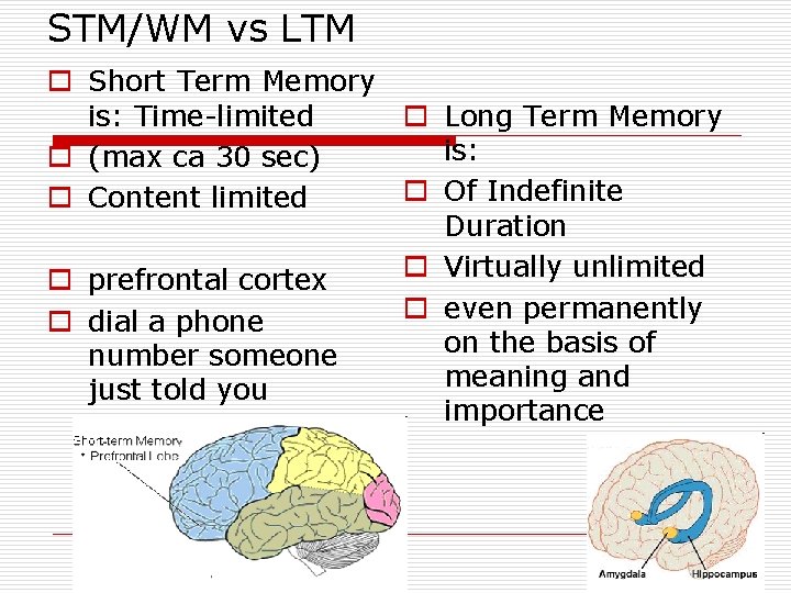 STM/WM vs LTM o Short Term Memory is: Time-limited o Long Term Memory is: