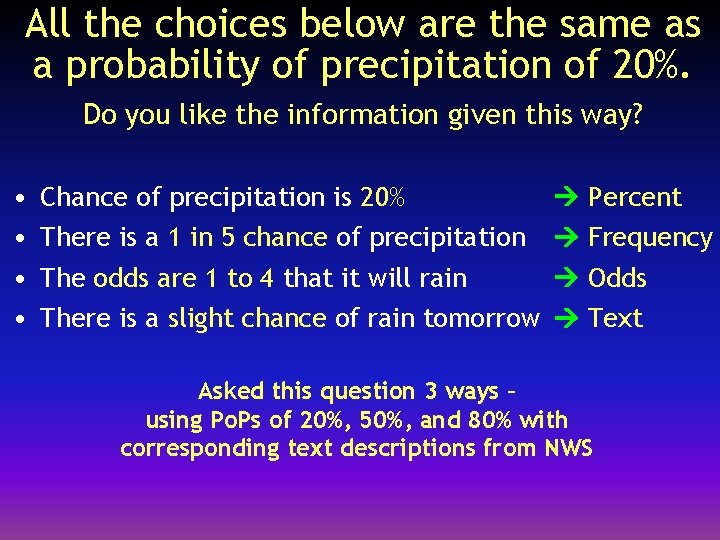 All the choices below are the same as a probability of precipitation of 20%.