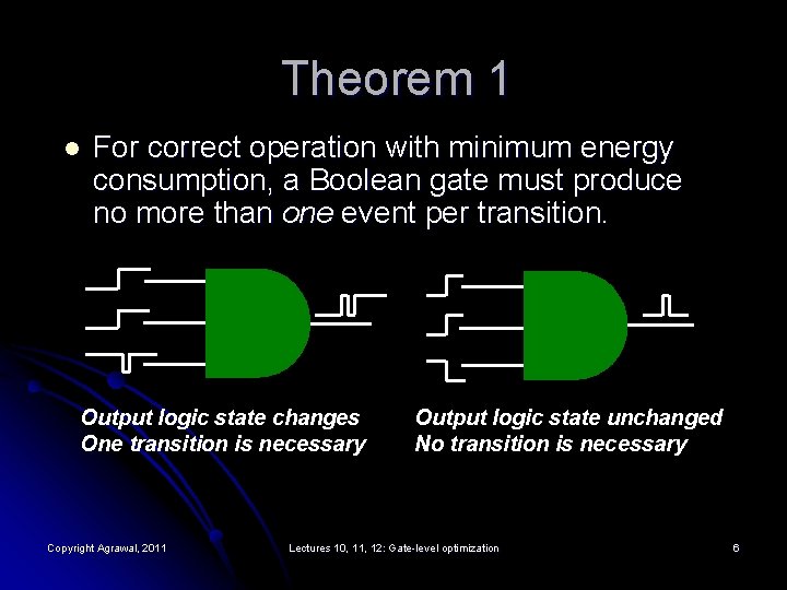Theorem 1 l For correct operation with minimum energy consumption, a Boolean gate must