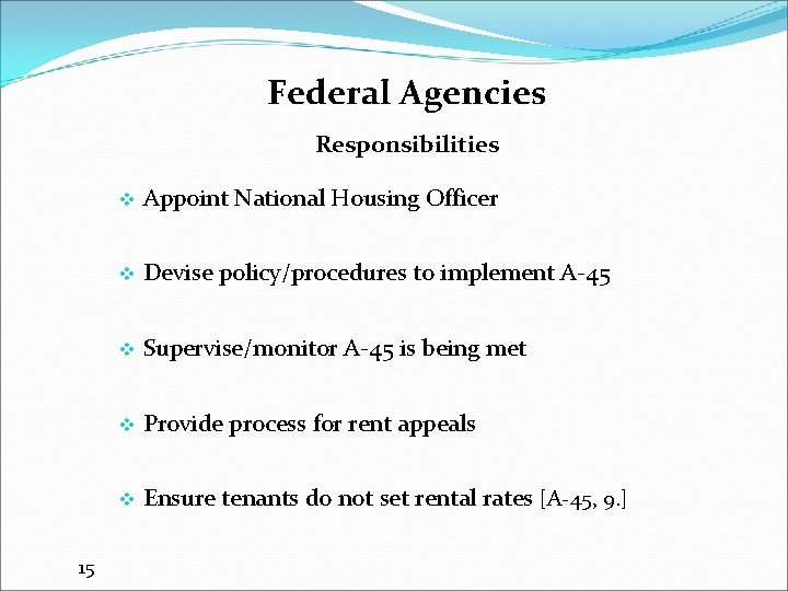 Federal Agencies Responsibilities 15 v Appoint National Housing Officer v Devise policy/procedures to implement