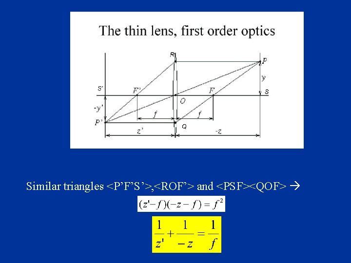 Similar triangles <P’F’S’>, <ROF’> and <PSF><QOF> 