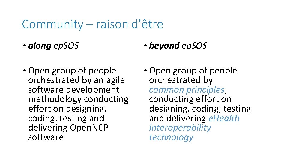 Community – raison d’être • along ep. SOS • beyond ep. SOS • Open